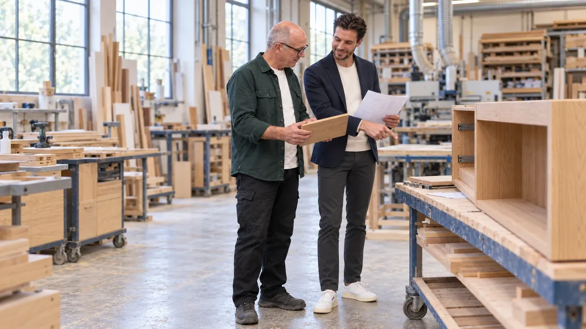 Simon Meinberg in einer Werkstatt, mit Zeichnung und Werkstück